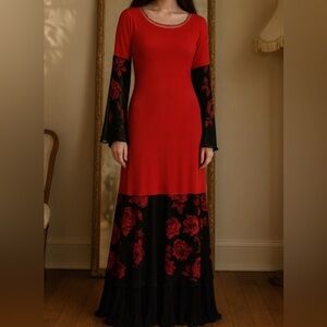 Marie N Womens Sheer Long Red Floral Print Open Back Maxi Dress S-XL Whimsygoth